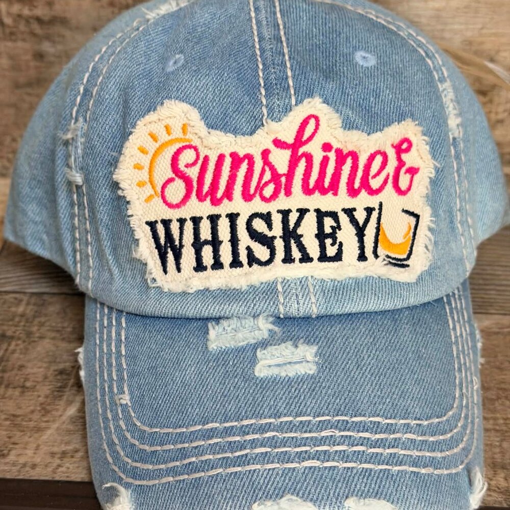 NWT KBETHOS Distressed Denim Sunshine & Whiskey Baseball Cap adjustable closure